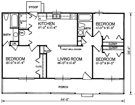 Cabin, Country House Plan 45310 with 3 Beds, 2 Baths First Level Plan