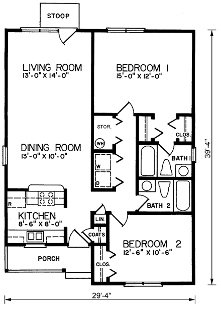 Traditional House Plan 45312 with 2 Beds, 2 Baths First Level Plan