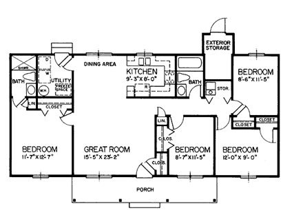 One-Story, Ranch House Plan 45313 with 4 Beds, 2 Baths First Level Plan