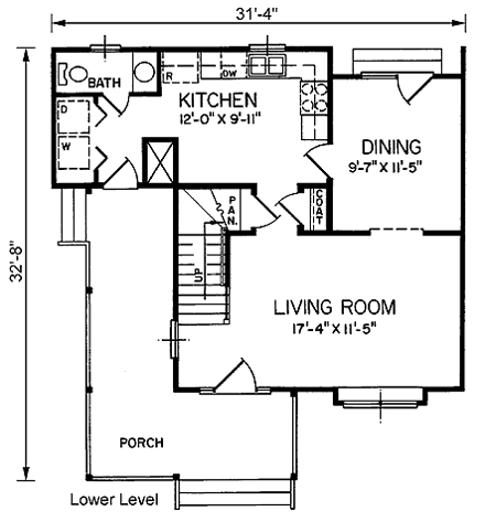 Narrow Lot, Traditional House Plan 45317 with 3 Beds, 2 Baths First Level Plan