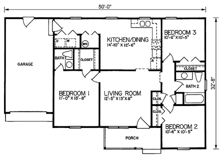 Ranch House Plan 45320 with 3 Beds, 1 Baths, 1 Car Garage First Level Plan