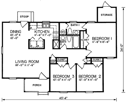 One-Story, Ranch House Plan 45321 with 3 Beds, 2 Baths First Level Plan