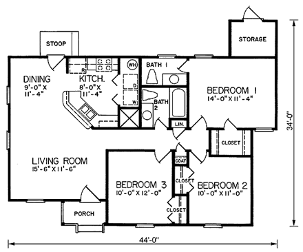 One-Story, Ranch House Plan 45322 with 3 Beds, 2 Baths First Level Plan