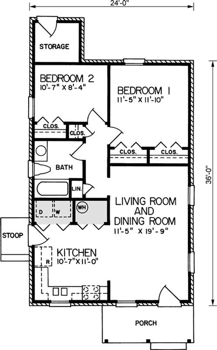 House Plan 45323 with 2 Beds, 1 Baths First Level Plan