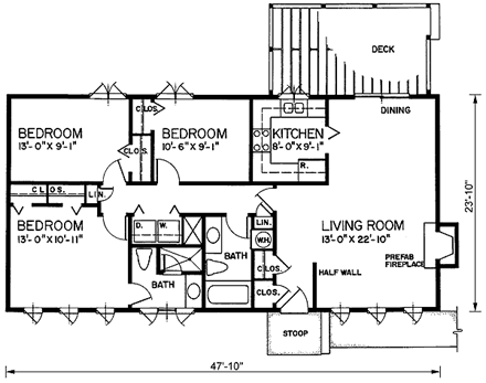 Ranch House Plan 45325 with 3 Beds, 2 Baths First Level Plan