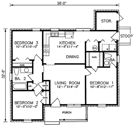 Narrow Lot, One-Story, Ranch House Plan 45329 with 3 Beds, 2 Baths First Level Plan
