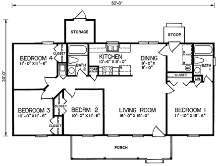 Ranch House Plan 45337 with 4 Beds, 2 Baths First Level Plan