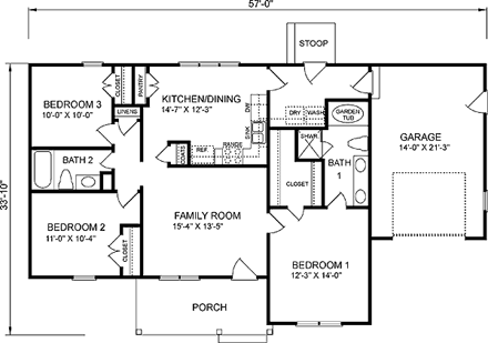 One-Story, Ranch House Plan 45341 with 3 Beds, 2 Baths, 1 Car Garage First Level Plan