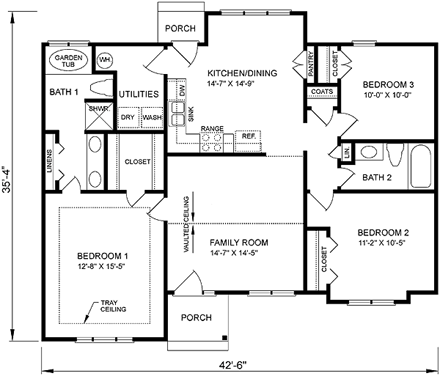 Ranch, Traditional House Plan 45342 with 3 Beds, 2 Baths First Level Plan