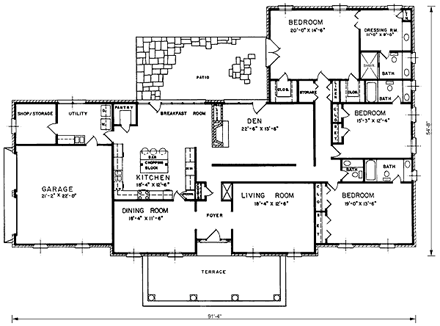 European, One-Story House Plan 45344 with 3 Beds, 3 Baths, 2 Car Garage First Level Plan
