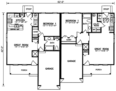 One-Story, Ranch Multi-Family Plan 45346 with 2 Beds, 2 Baths, 2 Car Garage First Level Plan
