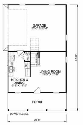 2 Car Garage Apartment Plan 45349 with 1 Beds, 1 Baths Level One