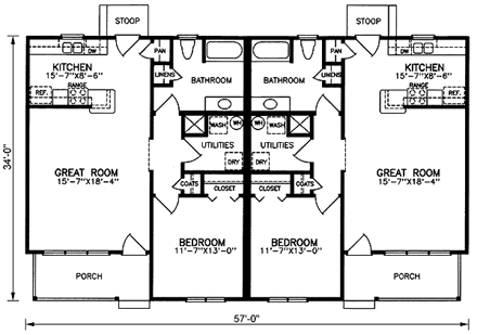 One-Story, Ranch Multi-Family Plan 45350 with 1 Beds, 1 Baths First Level Plan