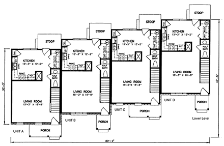 Multi-Family Plan 45352 with 8 Beds, 12 Baths First Level Plan