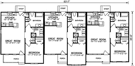 One-Story Multi-Family Plan 45357 with 3 Beds, 3 Baths First Level Plan