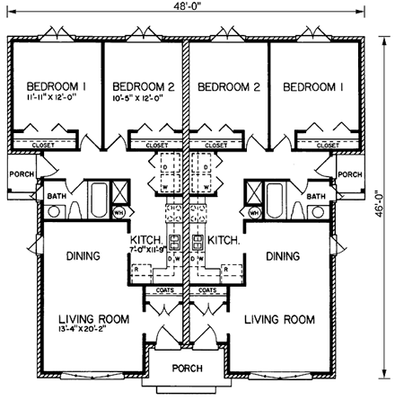 Traditional Multi-Family Plan 45359 with 4 Beds, 2 Baths First Level Plan