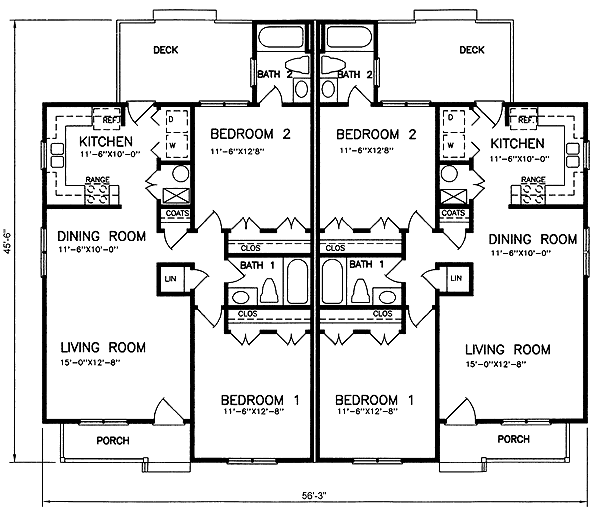Ranch, Traditional Multi-Family Plan 45360 with 4 Beds, 4 Baths Level One