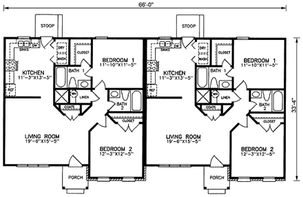 One-Story, Ranch Multi-Family Plan 45363 with 4 Beds, 4 Baths First Level Plan