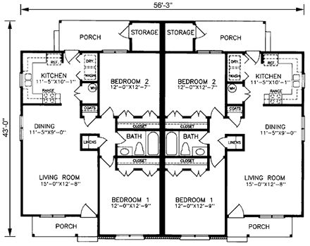 Multi-Family Plan 45365 with 4 Beds, 2 Baths First Level Plan
