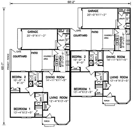 One-Story, Ranch Multi-Family Plan 45371 with 4 Beds, 4 Baths, 2 Car Garage First Level Plan
