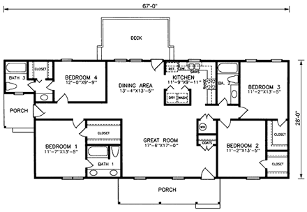 One-Story, Ranch House Plan 45375 with 4 Beds, 3 Baths First Level Plan
