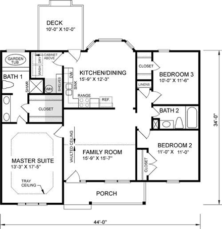 Traditional House Plan 45378 with 3 Beds, 2 Baths First Level Plan