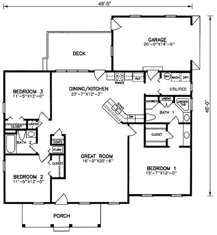 Ranch House Plan 45380 with 3 Beds, 2 Baths, 1 Car Garage First Level Plan