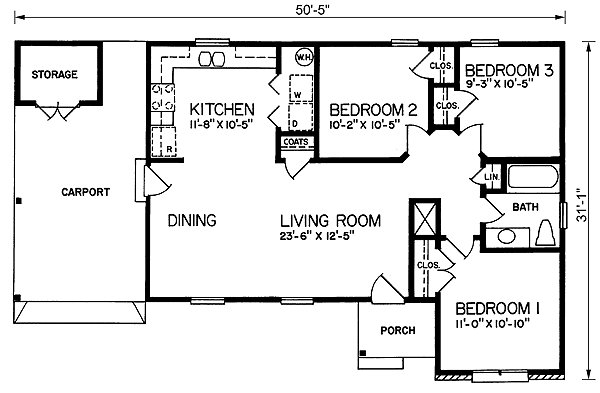 House Plan 45382 - Ranch Style with 1007 Sq Ft, 3 Bed, 1 Bath