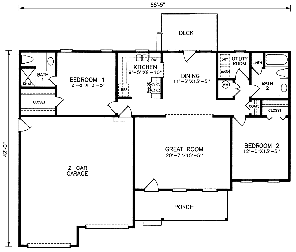 House Plan 45383 - Ranch Style with 1339 Sq Ft, 2 Bed, 2 Bath