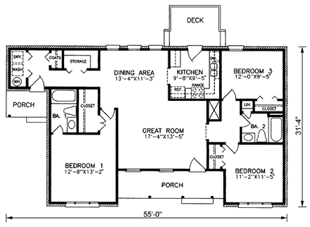 One-Story, Traditional House Plan 45385 with 3 Beds, 2 Baths First Level Plan