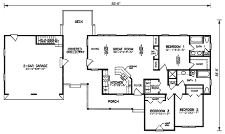 One-Story, Ranch House Plan 45386 with 3 Beds, 2 Baths, 2 Car Garage First Level Plan