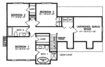 Country House Plan 45389 with 3 Beds, 3 Baths, 2 Car Garage Second Level Plan