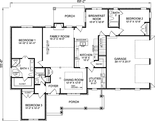 House Plan 45390 - Traditional Style with 2133 Sq Ft, 3 Bed, 3 Bath