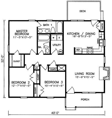 Traditional House Plan 45391 with 3 Beds, 2 Baths First Level Plan
