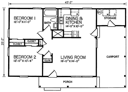 House Plan 45393 - Ranch Style with 818 Sq Ft, 2 Bed, 1 Bath