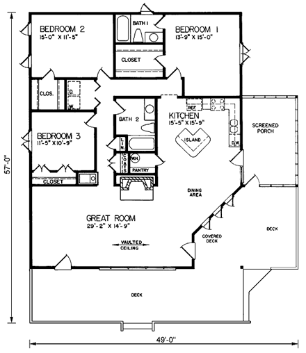 Contemporary House Plan 45398 with 3 Beds, 2 Baths First Level Plan