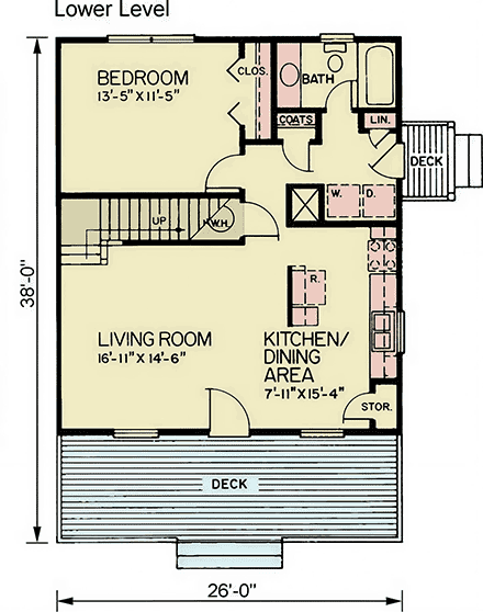 Cottage, Log, Narrow Lot House Plan 45400 with 3 Beds, 2 Baths First Level Plan
