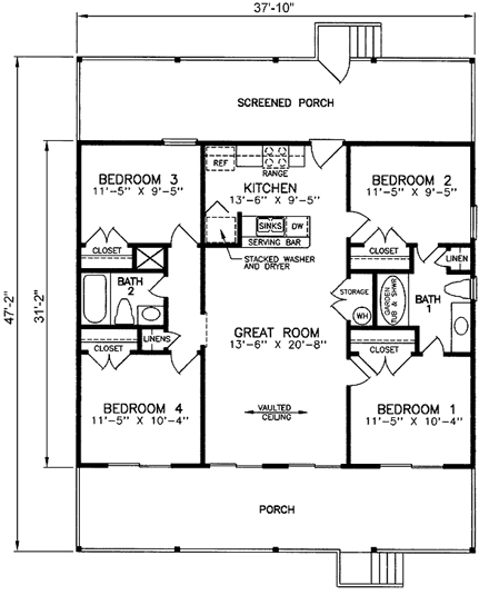 Contemporary House Plan 45402 with 4 Beds, 2 Baths First Level Plan