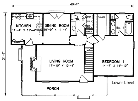 Farmhouse House Plan 45414 with 3 Beds, 3 Baths First Level Plan
