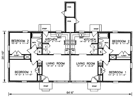 One-Story, Ranch Multi-Family Plan 45418 with 4 Beds, 2 Baths First Level Plan
