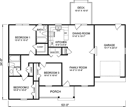Ranch House Plan 45420 with 3 Beds, 2 Baths, 1 Car Garage First Level Plan