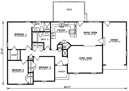 One-Story, Traditional House Plan 45437 with 3 Beds, 2 Baths, 1 Car Garage First Level Plan