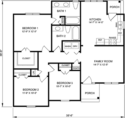 Narrow Lot, One-Story, Traditional House Plan 45443 with 3 Beds, 2 Baths First Level Plan