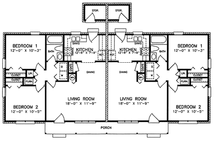 Multi-Family Plan 45445 with 4 Beds, 2 Baths First Level Plan