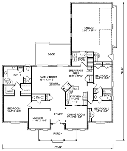 House Plan 45447 - Traditional Style with 2288 Sq Ft, 3 Bed, 2 Ba