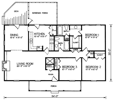 Country, One-Story House Plan 45448 with 3 Beds, 2 Baths First Level Plan