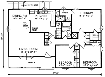 Ranch House Plan 45450 with 3 Beds, 2 Baths First Level Plan