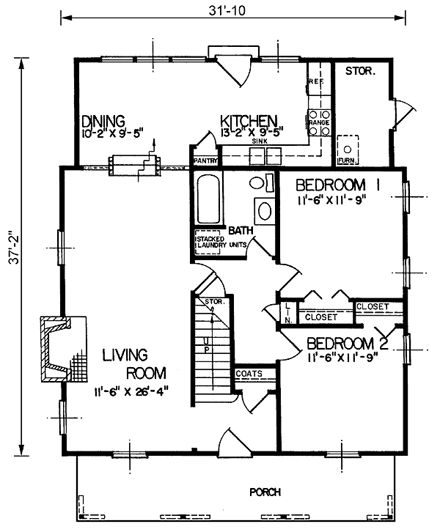 Country, Narrow Lot House Plan 45460 with 4 Beds, 2 Baths First Level Plan