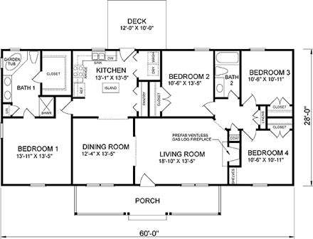 One-Story, Ranch House Plan 45467 with 4 Beds, 2 Baths First Level Plan