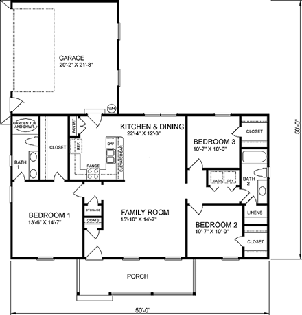 Ranch House Plan 45468 with 3 Beds, 2 Baths, 2 Car Garage First Level Plan
